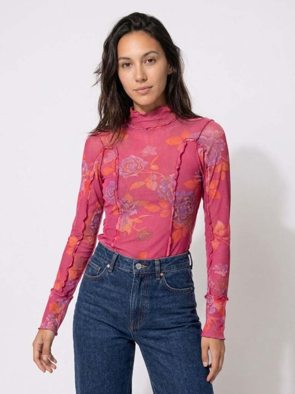 Free People Lilly Floral Print Mesh Long Sleeve Top